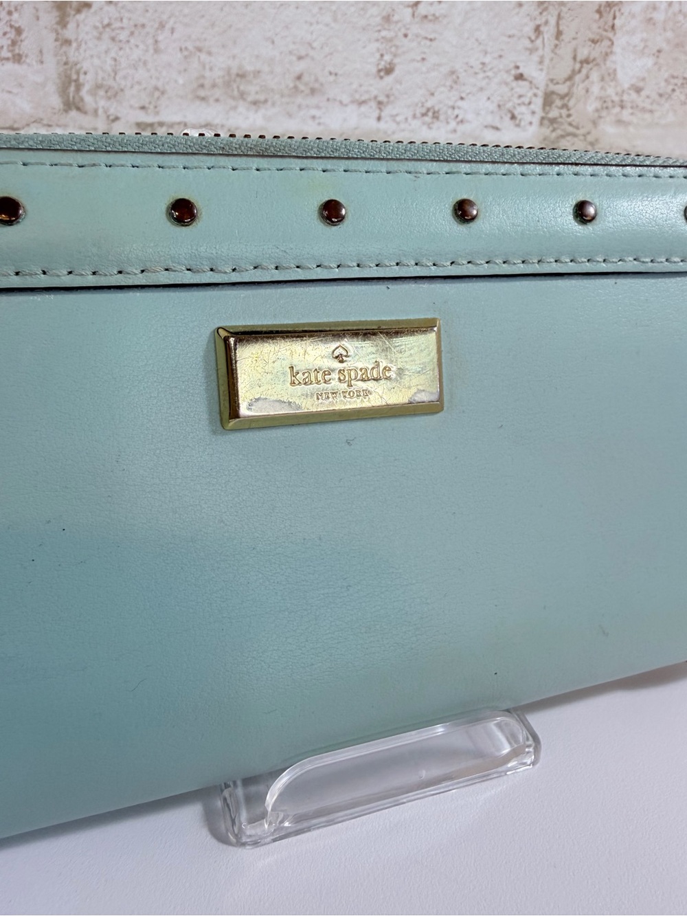 Kate Spade Light Blue Leather Zip-Around Wallet with Gold Studs — GUC - Picture 5 of 5